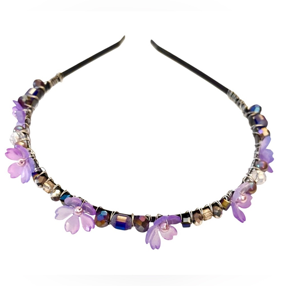 Fairy Headband with Lucite Flowers and Crystals Hand Wired onto Black Headband - Picture 3 of 6